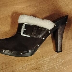 Michael Kors Dark Brown Mules with White Fur Trim